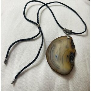 Natural Agate Slice Pendant Necklace Black‎ Cord Adjustable Boho Stone Jewelry
